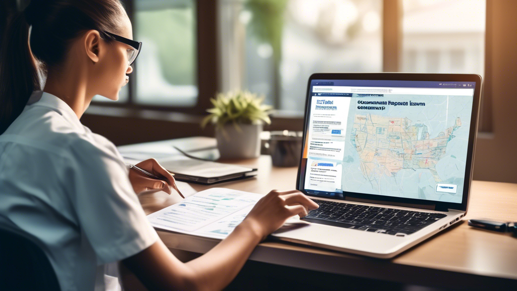 Create an image depicting a person sitting at a desk with a laptop open, searching for a DOT CDL physical exam near me. The screen displays a list of certified medical examiners, with a map showing nearby locations. Include elements like a magnifying glass hovering over an examiner’s certification credentials for emphasis, and a backdrop of an inviting, well-lit home office to convey comfort and ease of access to information. Use keywords like DOT CDL physical exam near me and certified medical examiners subtly on the screen and in decorative elements around the workspace.