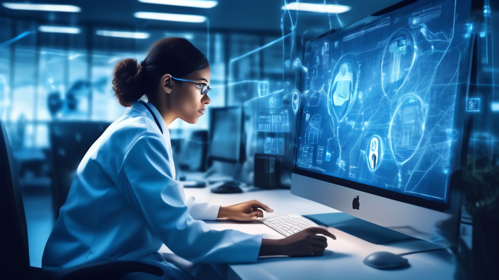 Create an image of a person sitting at a computer, intently searching for a driver physical exam near me using an online directory. The screen should display a map with several blue pins indicating certified medical professionals in the local area. Include various icons like a magnifying glass, a stethoscope, and a checkmark to symbolize verification and quality. The background should subtly suggest a professional and organized space, such as a home office or a study room, to emphasize the importance of thorough research and reliable sources.