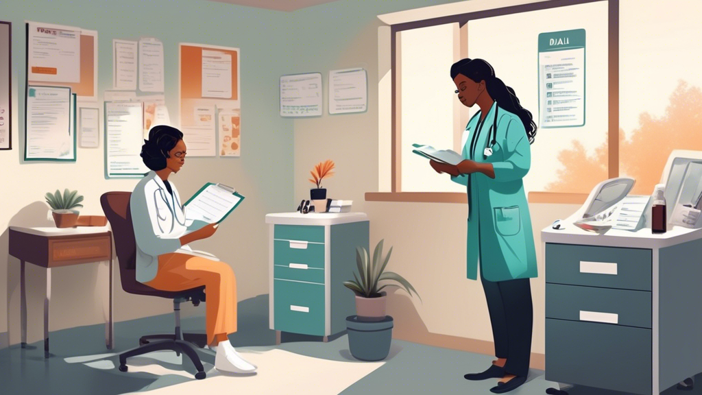 Prompt for DALL-E: Illustrate a scene depicting a person preparing for a driver physical exam, set in a comfortable and professional medical office. The individual is seen organizing necessary documents and lists of medications, while a friendly healthcare professional explains the steps of the upcoming exam. The atmosphere should convey a sense of calm and readiness, with visual elements such as a clipboard, medical chart, and anatomical diagrams in the background to indicate a typical medical exam setting. Include details that highlight organization and preparedness, like a neatly packed bag or checklist.