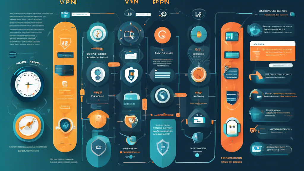 Create an informative infographic highlighting the key features to consider when choosing a free VPN service. Include elements such as security and encryption (with padlocks and shields), data limitations (represented by data bars), speed (illustrated with a speedometer), and privacy policies (depicted with document icons and privacy shields). Use a modern, tech-inspired design with a color palette that conveys trust and security, such as blues and greens. The background should subtly feature a digital network theme, symbolizing internet connectivity.