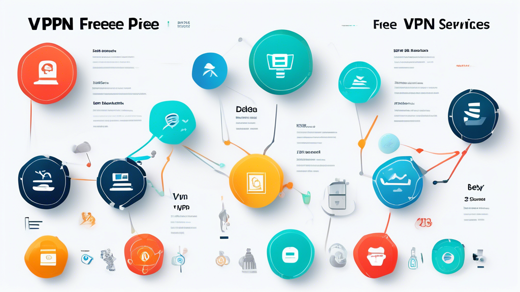 Create an infographic-style image showcasing the top free VPN services of 2023. Include a visually appealing ranking list, with icons representing key features such as security, data limits, speed, and privacy policies. Incorporate a comparison chart marking the unique functionalities of each service along with user experience ratings. Use a modern and tech-inspired design, featuring vibrant colors, to emphasize elements of privacy protection and online security. The background should be abstract and digital-themed, reflecting the idea of internet connectivity and anonymity.