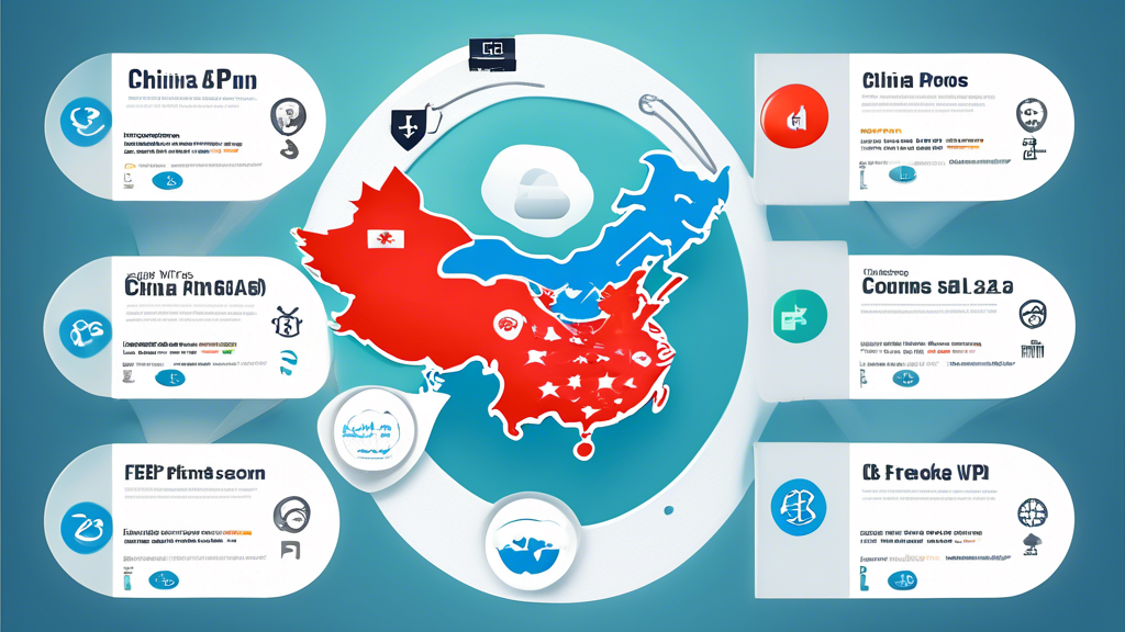 Create an informative and visually engaging infographic that summarizes the top free VPNs for China, emphasizing detailed reviews of each VPN. Include sections for pros and cons, performance and reliability ratings, and installation and setup instructions. Feature a comparison table highlighting key features such as security protocols, server locations, and connection speeds. Incorporate symbols or images that represent online security, internet freedom, and the unique challenges of internet use in China, all while maintaining a clean and user-friendly design aesthetic.