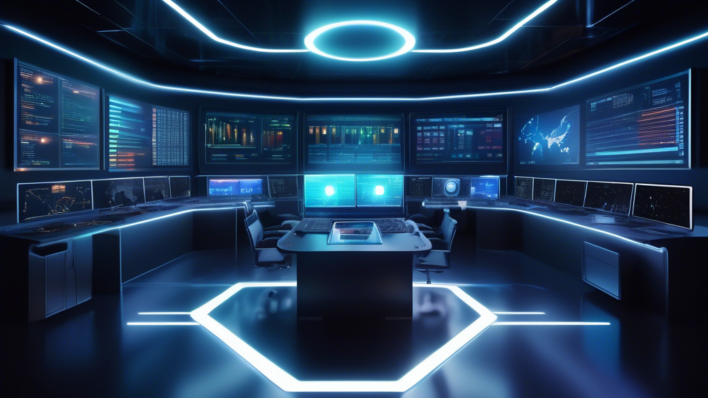 Create an image depicting a futuristic digital control room with holographic screens displaying various cryptocurrency trading tools and features unique to OKEx Exchange. Include elements such as interactive charts, security protocols, and a diverse array of cryptocurrencies. The environment should convey a sense of advanced technology and innovation, highlighting the secure and user-friendly nature of OKEx Exchange for optimized trading experiences.