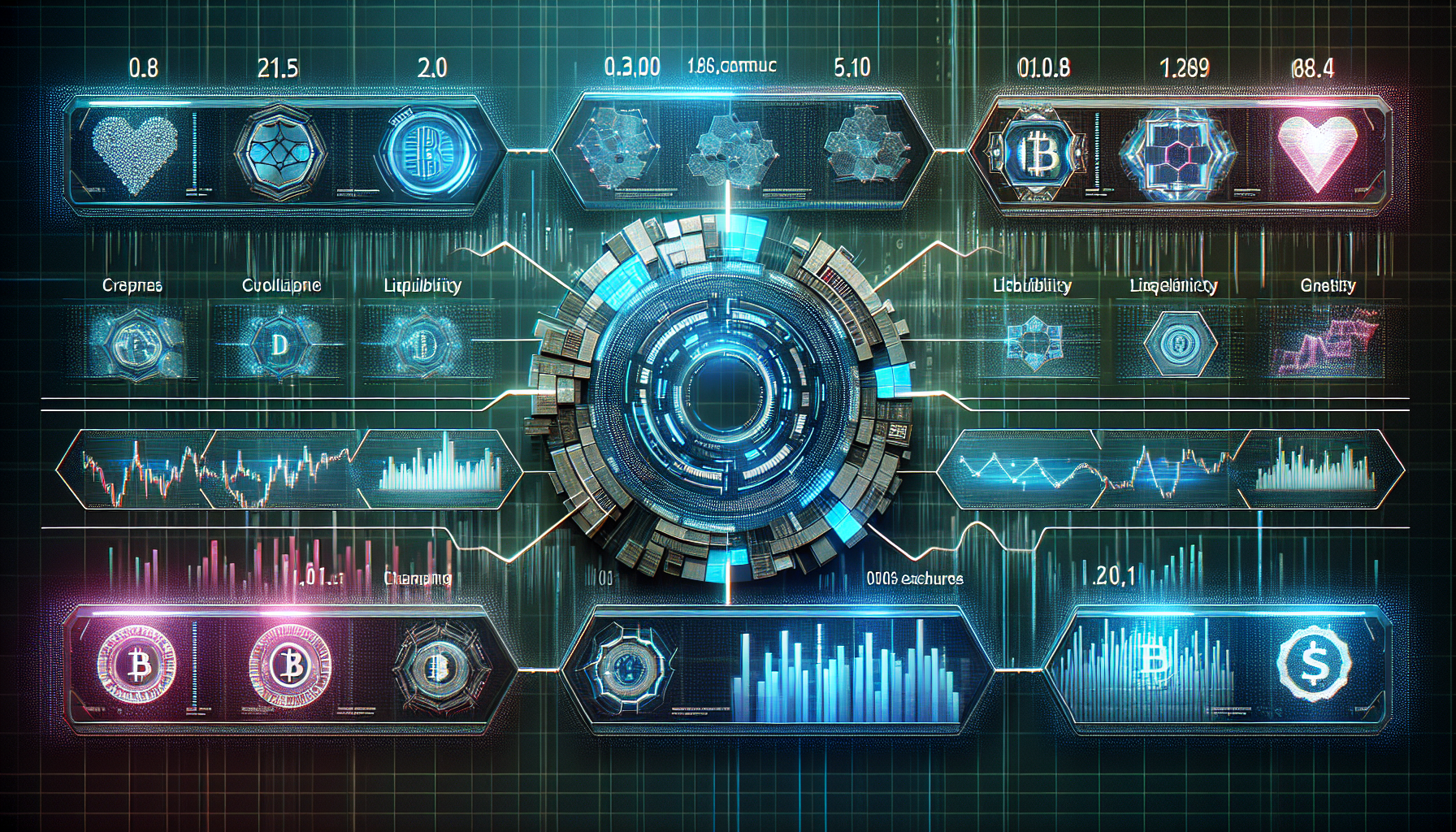 Create an image showcasing a digital ranking chart of the top cryptocurrency exchanges in 2023. Each exchange is represented by its unique logo and key statistics, like trading volume, liquidity, and security features, displayed on futuristic digital panels. The background is a sleek, modern interface design, incorporating elements of blockchain technology such as chains and binary code, symbolizing security and innovation. The image should give a sense of cutting-edge technology and trust.