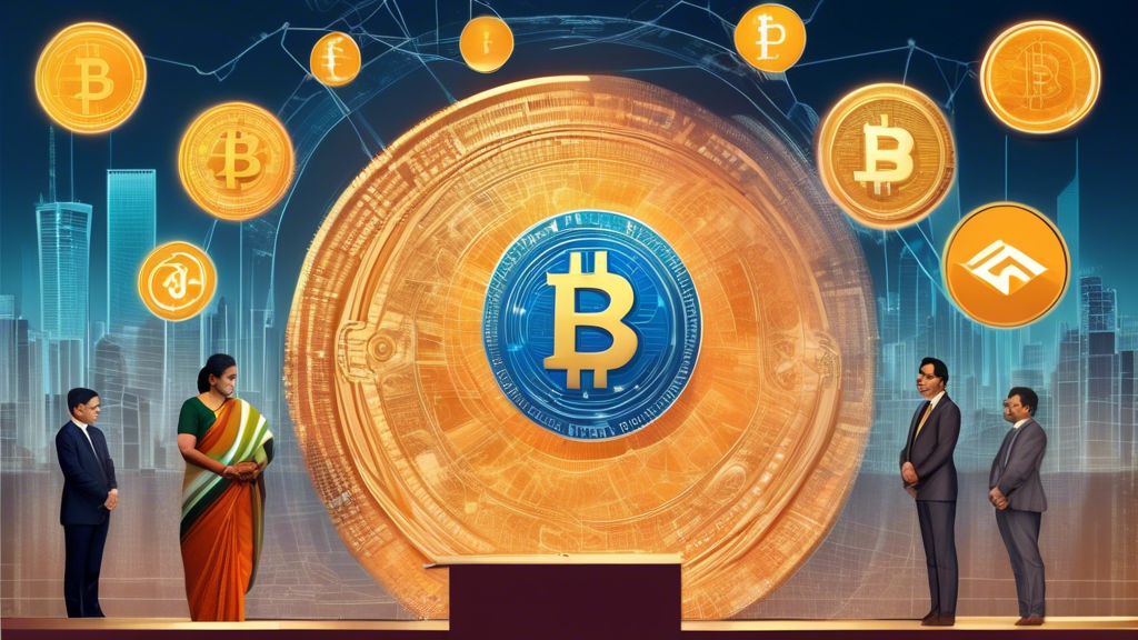 Create an image titled Future Prospects for Cryptocurrency in India, featuring Finance Minister Nirmala Sitharaman standing at a podium, with a backdrop illustrating a digital landscape symbolizing cryptocurrency technology. Surround her are visual elements representing potential legislative measures and growth, like futuristic Indian landmarks intertwined with blockchain motifs and cryptocurrency symbols. Include silhouettes of experts and industry figures looking towards a horizon filled with the logos of major cryptocurrencies, conveying a sense of speculation and future potential. The overall composition should reflect India