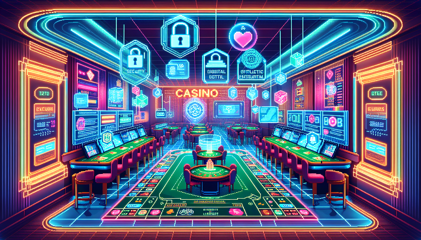 Create an image showcasing the advanced security measures at Ojo Casino, symbolizing a digital fortress protecting player information. The scene includes a vibrant casino environment with neon lights and gaming tables, overlaid with holographic security graphics like digital padlocks and encrypted data streams. Illustrate transparent dice and playing cards to represent fair gaming practices. Include visual elements of official certifications and licenses displayed prominently, underscoring trust and safety. The overall composition should exude a sense of modernity, trustworthiness, and excitement. Keywords: Ojo Casino, security, fair play, encryption, trust.