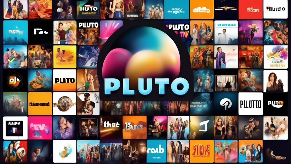 Create an image that captures the vibrant and dynamic atmosphere of the most exciting Pluto TV channels for entertainment. The scene should include a collage of various popular shows and imagery from these channels, showcasing diverse genres like comedy, drama, and reality TV. Include key visual elements like recognizable show logos, actors or animated characters in action, and vibrant on-screen graphics that convey the energetic and broad appeal of the content available on Pluto TV. Use a playful and colorful design to reflect the engaging and entertaining nature of these channels. Include the text Pluto TV Kanäle to indicate the central theme of the image.