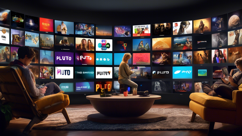 Create an image that depicts a person comfortably seated in a cozy living room, surrounded by an array of digital screens displaying the Pluto TV interface. Each screen showcases different channels with vibrant displays of various genres— such as movies, documentaries, sports, and news. The person is depicted thoughtfully choosing their preferred channels, utilizing a remote control with a focus on the keyword Pluto TV channels. Display subtle visual indicators like a checklist or star ratings that illustrate tips and strategies for selecting the best channels tailored to the person