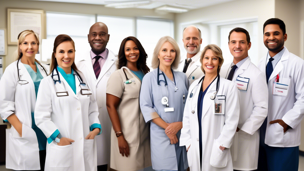 Create an image depicting a selection of experienced CDL doctors in a medical office setting. Show a diverse group of doctors wearing lab coats, each with visible name tags showing various certifications and awards. The office should have elements like medical equipment, charts, and a bulletin board displaying positive client testimonials and accolades. Include subtle hints of transportation motifs, like a framed picture of a semi-truck or road map, emphasizing their specialization in CDL medical certifications. This image should convey professionalism, credibility, and expertise in helping CDL drivers with their medical certification needs.