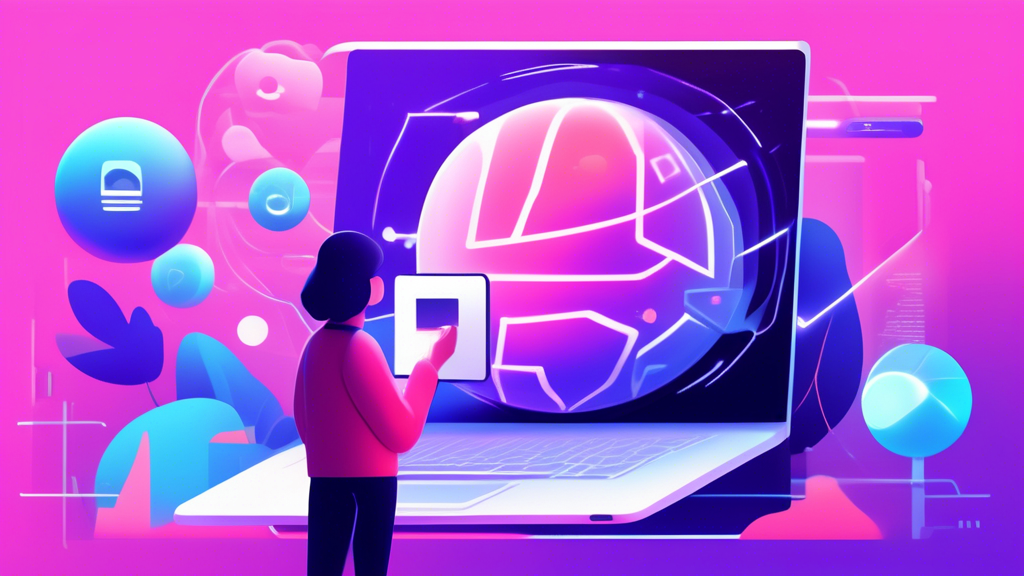 Create an image of a futuristically designed digital landscape illustrating the core benefits of UnblockProxy. The scene should feature a person browsing on a sleek, transparent laptop surrounded by dynamic holographic icons representing anonymous browsing and bypassing censorship (such as an eye with a strike-through and a globe icon with no-entry signs transforming into open paths). The background should subtly depict networks and high-speed data streams, portraying the seamless access to restricted content with an emphasis on privacy and security. Use vibrant blues and purples to convey a sense of modern technology and digital safety.