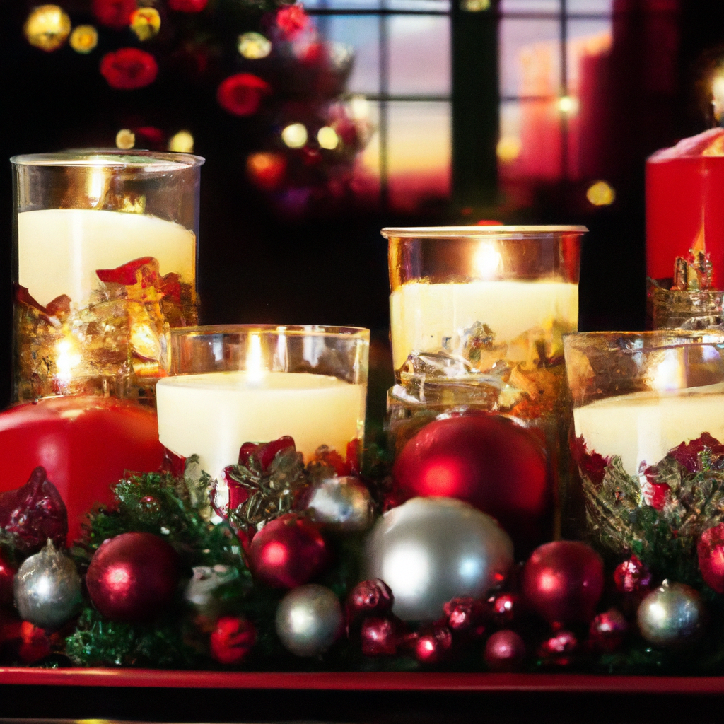 Create an image featuring a beautifully arranged display of the top five battery-operated window candles for 2023. Each candle showcases unique features such as flickering flames, rustic and modern designs, and remote functionality. The setting is a cozy, warmly lit room with a window sill adorned with decorative elements like seasonal garlands and frosted glass accents. The image captures the inviting glow of the candles, illustrating their effectiveness in creating ambiance. Highlight small info cards next to each candle with brief descriptions, including feature highlights and customer ratings, printed in an elegant font. The scene should give a welcoming and sophisticated atmosphere, emphasizing the buyer