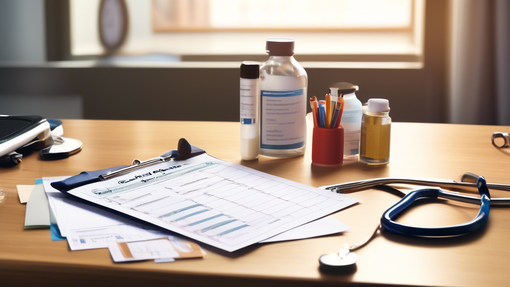 Create an image depicting a checklist with items such as schedule appointment, gather documents, and review medical history, alongside visual elements like a calendar, a folder of documents, and a stethoscope. These objects should be arranged on a wooden desk surface with a subtle overlay of CVS branding in the background. The scene should convey a sense of organization and readiness, emphasizing preparation for a CVS DOT exam.