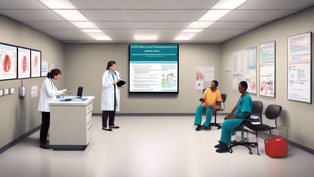 Create an image depicting a friendly and welcoming CVS clinic room where a DOT (Department of Transportation) exam is taking place. The room is equipped with standard medical examination tools and features a professional-looking healthcare provider engaging with a patient in discussion. An illustrated chart explaining the common tests and evaluations conducted during a DOT exam is visible in the background, along with a digital screen showing the steps to interpret exam results after completion. Emphasize an atmosphere of comfort and professionalism, capturing the thoroughness and efficiency of the examination process.