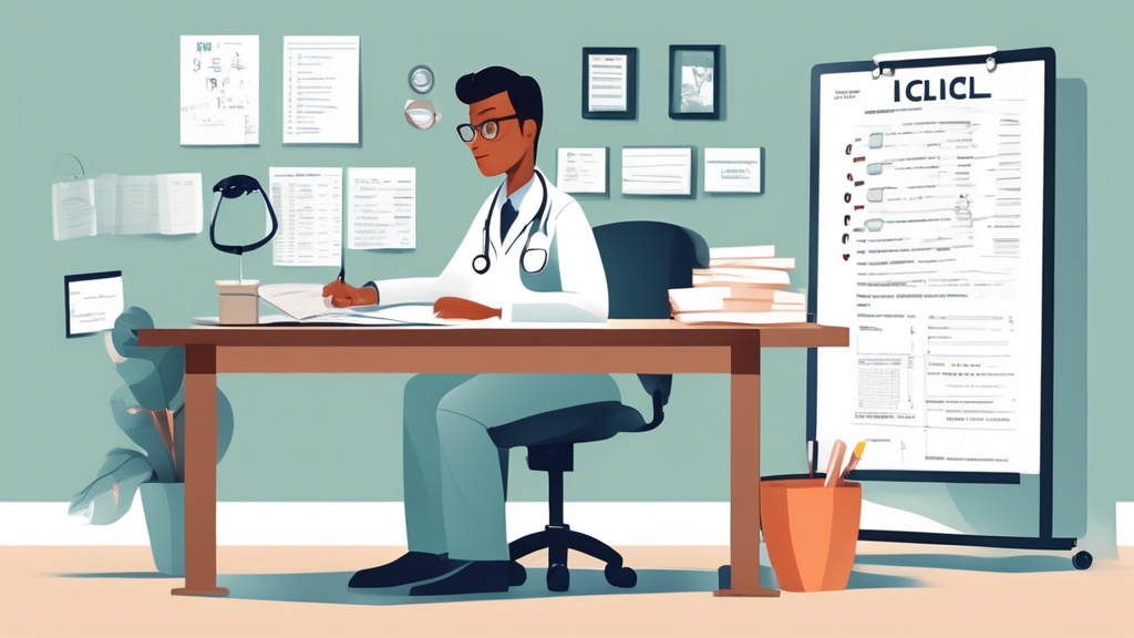 Create an illustration of a CDL holder in a serene, well-organized environment, preparing for their upcoming DOT exam. The scene should include a desk filled with essential paperwork, medical records, and a detailed checklist prominently displayed. To the side, display visual aids like an eye chart and a stethoscope, symbolizing the focus on vision, hearing, and cardiovascular health. The CDL holder, appearing focused and calm, is seen double-checking a timeline for preparation, highlighting the methodical approach needed for a successful DOT exam.