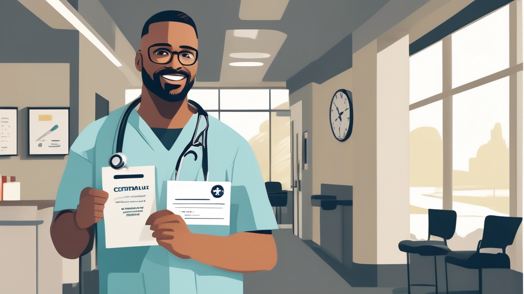 Create an image depicting a CDL holder standing outside a medical office, holding a certificate with a large checkmark on it. The background should include a calendar marking the renewal cycle, with a highlighted date showing the next exam appointment. Add a subtle overlay of gears or roads to symbolize the ongoing process and journey of maintaining certification. The setting should convey a sense of accomplishment and preparedness, focusing on the theme of what CDL holders can expect after completing their DOT exam.