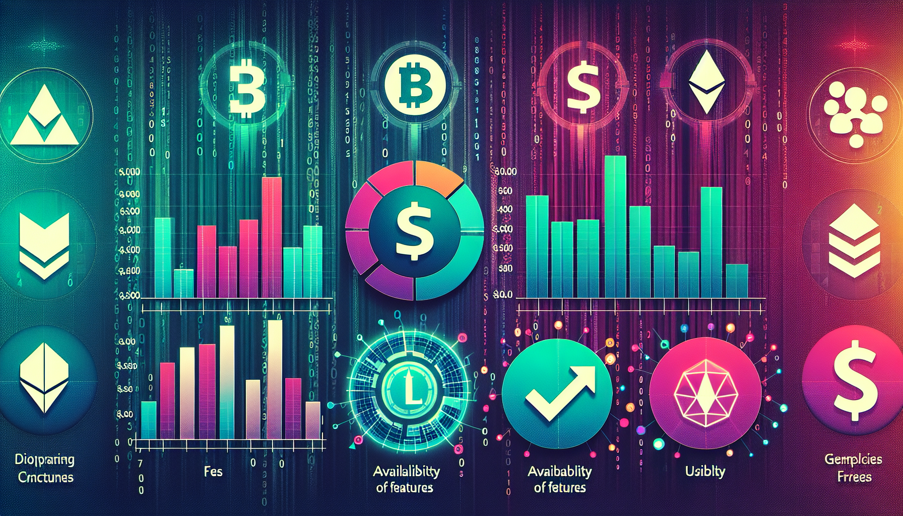 Create an image showcasing a dynamic comparison chart of the top five most affordable crypto exchanges. The chart should display colorful, easily readable bar graphs or pie charts depicting their fee structures, available features, and user-friendly interfaces. Include icons or symbols representing each exchange and emphasize their cost-effectiveness with visual indicators like dollar signs or arrows pointing downwards. The background should have a subtle technological motif with digital numerical patterns, suggesting a modern and efficient trading environment.