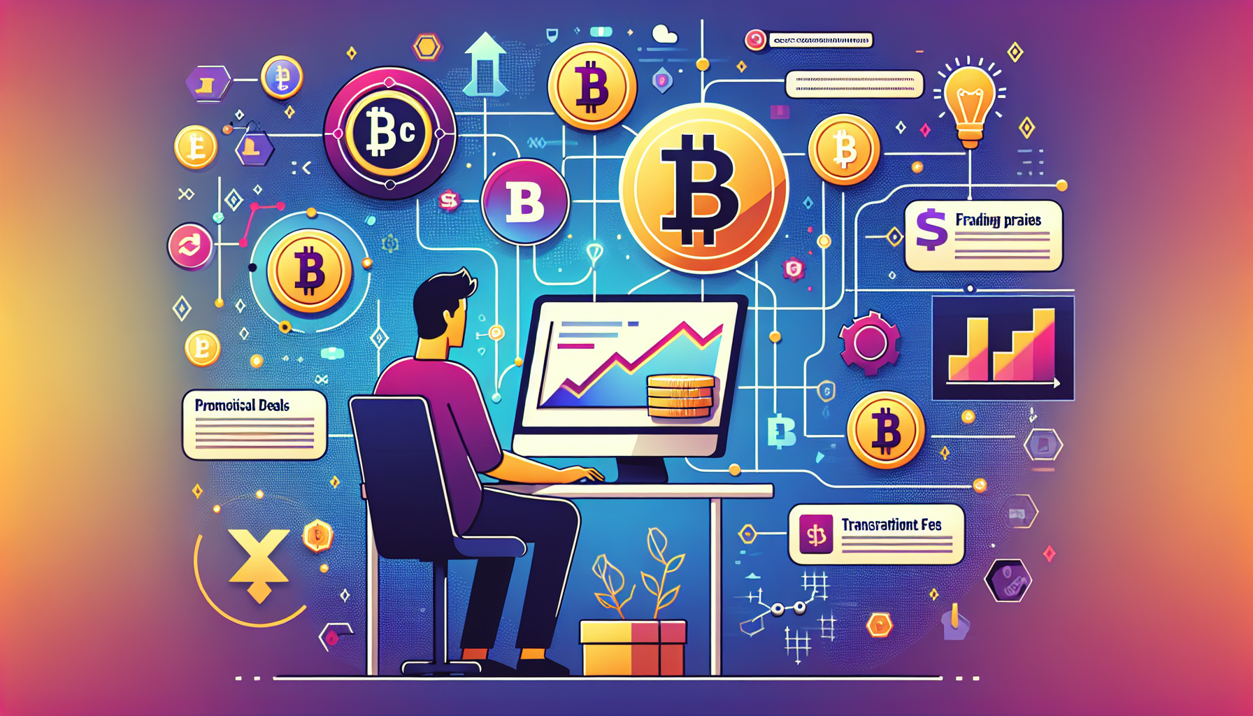Prompt for DALL-E: An informative and visually engaging image illustrating practical strategies for optimizing the use of cost-effective crypto exchanges. The scene features an individual at a computer, surrounded by visual elements representing promotional offers and trading pairs, with notifications about fee adjustments appearing on the screen. Icons of various cryptocurrencies and exchange platforms can be seen, highlighting the theme of maximizing savings and achieving the best value in crypto trading. Include elements of digital graphs or charts, symbolizing the strategic approach to trading on affordable crypto exchanges.