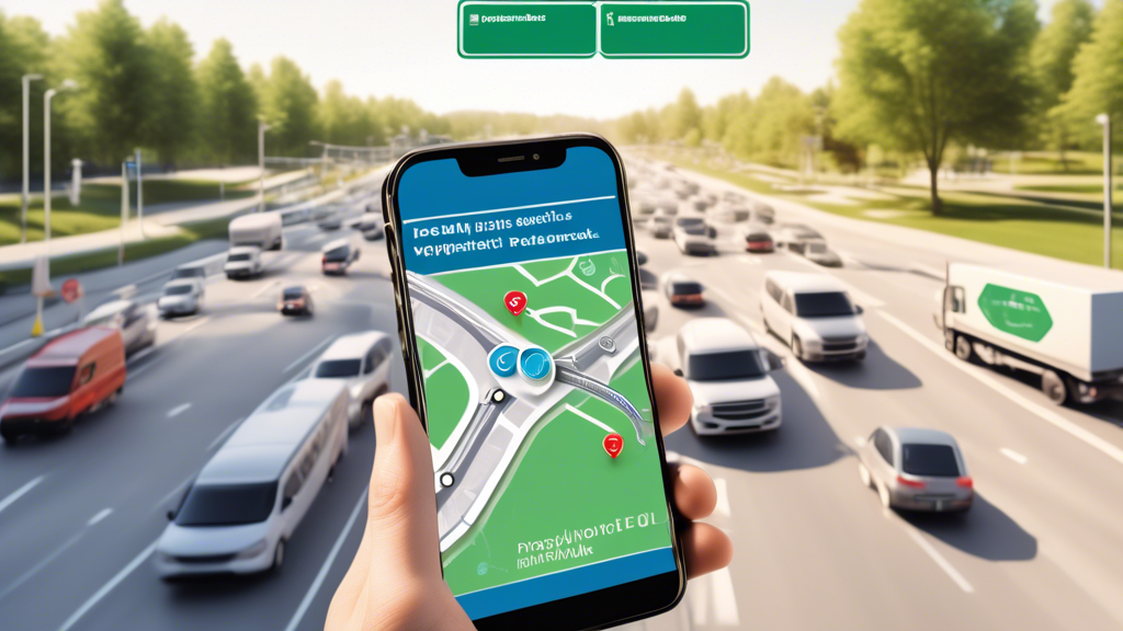 Create an image depicting a tech-savvy individual using a smartphone to locate a DOT physical facility. The screen should display a map with locations marked for DOT physical providers. In the background, incorporate elements like a computer showcasing a website with certified medical professionals for CDL holders. Include visual cues of transportation such as a truck or a road sign subtly in the periphery, highlighting the context of commercial driving. The setting should feel modern, emphasizing the use of technology in facilitating the search for nearby DOT physical services.