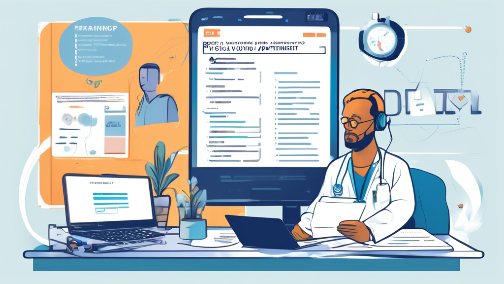 A detailed illustration showing a well-organized workspace with a CDL driver carefully preparing for their DOT physical appointment. The scene features a checklist prominently displayed with documents like medical records, identification, and a list of lifestyle tips scattered around. In the background, an open laptop displays a health-themed webpage with the phrase Preparing for Your DOT Physical highlighted. The setting is calm and inviting, suggesting readiness and proactive health management. The image conveys a sense of organization and preparedness, capturing the essence of getting ready for the crucial examination.