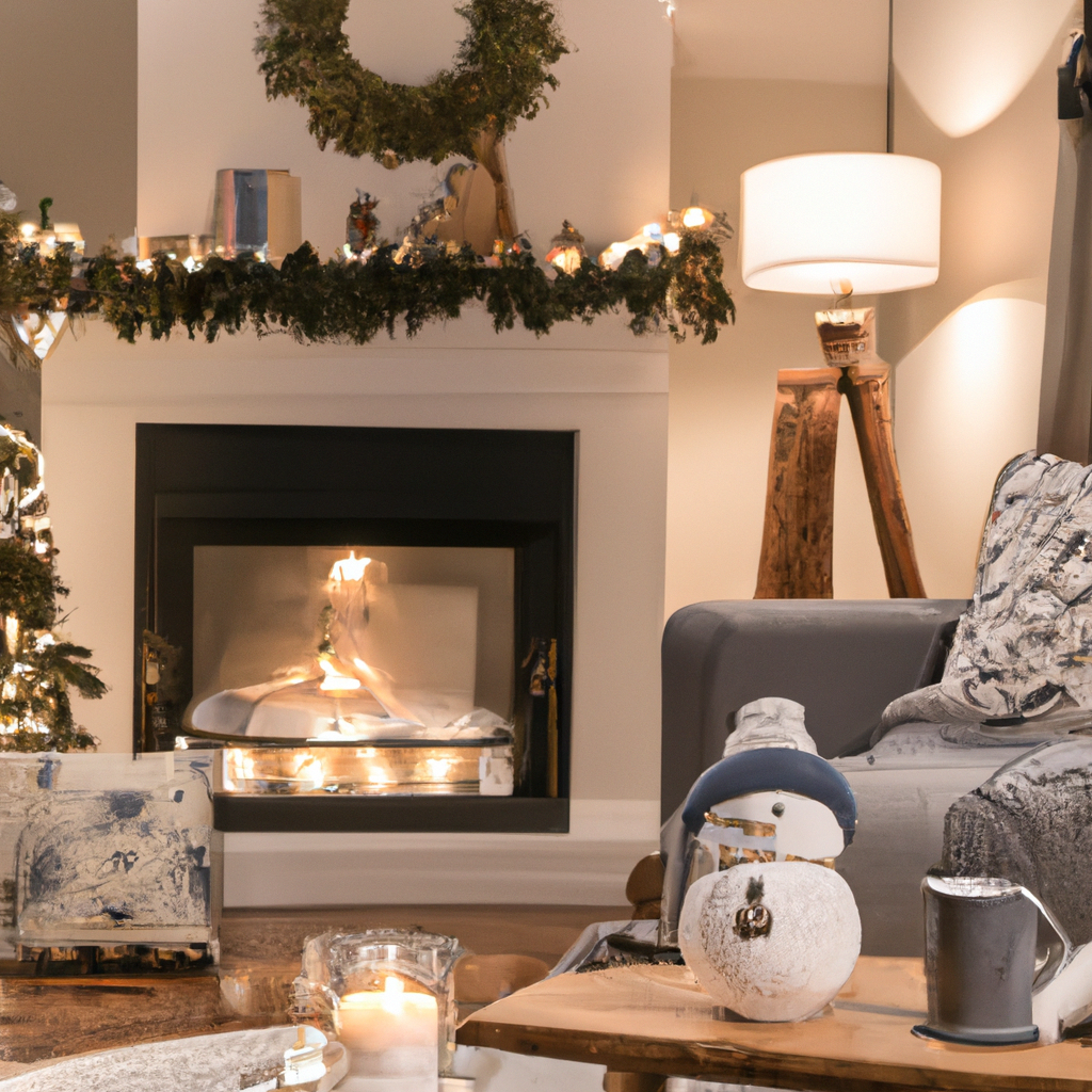 Create an image that showcases a cozy living room interior, elegantly styled with creative winter decor. At the center of the scene, a charming snowman candle holder takes pride of place on a rustic wooden coffee table. The room is adorned with complementary winter decorations, including soft, warm blankets draped over the couch, a roaring fireplace in the background, and twinkling fairy lights framing a large window, through which snowy scenery can be seen. The snowman candle holder, crafted with delicate features and soft glowing candles, is highlighted by a tasteful color palette that features icy blues, snowy whites, and gentle touches of silver, seamlessly blending into both holiday and general winter themes.