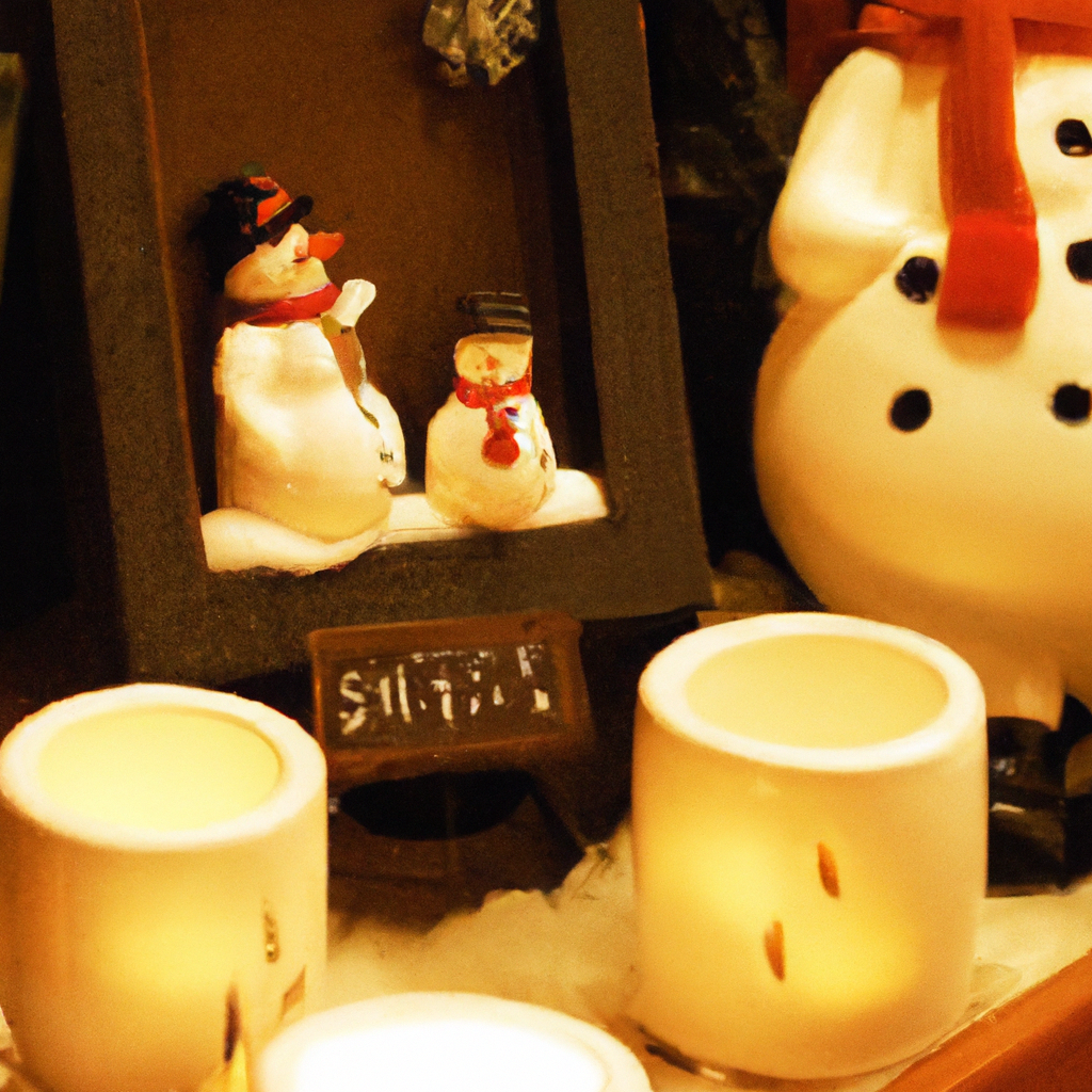 Prompt: Create an image that showcases a variety of snowman candle holders displayed in an inviting retail setting. The scene should feature candle holders crafted from different materials such as ceramic, glass, and metal, each with unique designs and features. Include a cozy atmosphere with flickering candlelight illuminating the snowmen, highlighting their charm and craftsmanship. Incorporate a diverse selection of candle holders, from budget-friendly options to more luxurious, custom pieces, neatly arranged on a wooden shelf. The background should depict a warm, welcoming store ambiance, encouraging viewers to explore and consider adding a snowman candle holder to their winter collection.