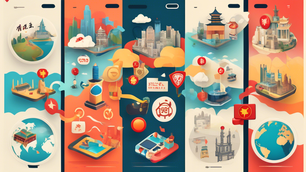 Create an image depicting a collage of various VPN applications on an iPhone screen, emphasizing popular free VPN options for users in China. Include elements that symbolize security and connectivity, such as a padlock and a globe, alongside vibrant icons representing the VPNs. The background should subtly feature a map of China or iconic landmarks, hinting at the context of using these VPN services. The overall theme should convey a sense of security, functionality, and accessibility for iPhone users within the Chinese internet landscape.