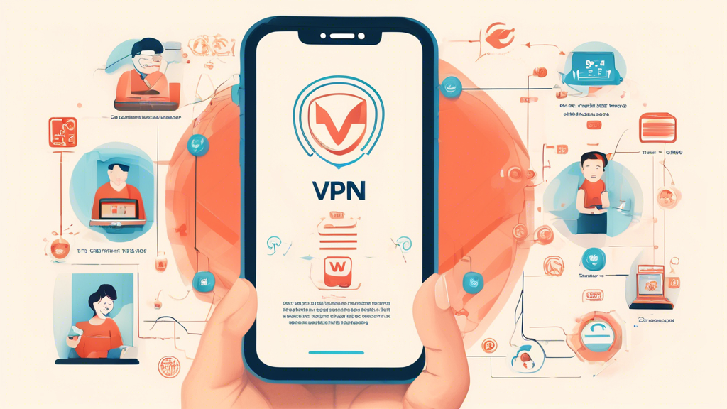 Create an informative and visually engaging illustration showing the step-by-step process of installing and using a free VPN on an iPhone in China. Include elements like an iPhone screen displaying a VPN app, directional arrows guiding through installation steps, and icons representing optimization tips for speed and connectivity. Additionally, depict common troubleshooting scenarios, such as a Wi-Fi symbol and a locked padlock icon to symbolize security and access. Use a clean, modern design with a color palette that evokes trust and technology.