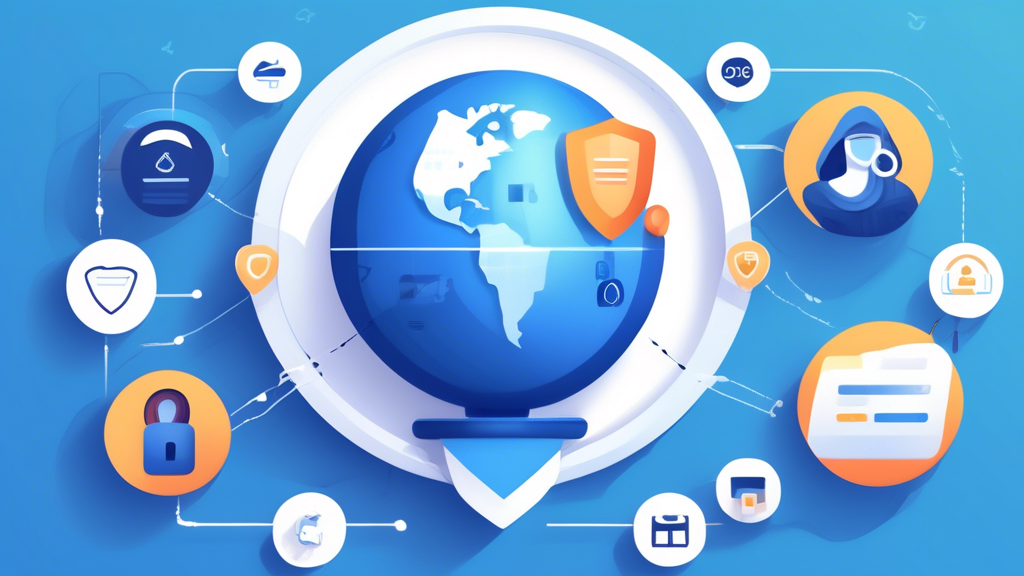 Create an informative illustration that visually represents the benefits of using Betternet VPN for online privacy. Depict key elements such as enhanced security and anonymity online, bypassing geo-restrictions to access blocked content, and the importance of encryption and a no-logs policy. Include symbols like a lock for security, a globe with different flags for geo-restrictions, and flowing data streams with the word encrypted. The overall aesthetic should be modern and technology-focused, with a color scheme that evokes trust and reliability, emphasizing the theme of online privacy.