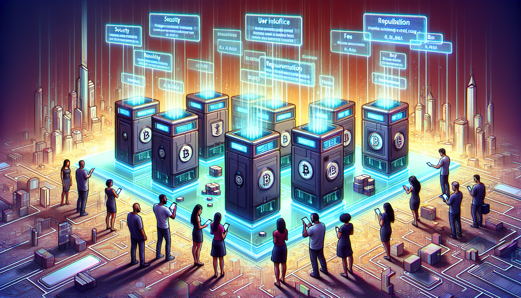 Create an image of a futuristic digital landscape where various exchange wallets are visualized as towering, high-tech vaults. Each vault is surrounded by an info-hologram displaying key criteria such as Security, User Interface, Fees, Regulation, and Reputation. In the foreground, a diverse group of people analyze these holograms with augmented reality devices, showcasing the importance of informed decision-making in selecting a reliable exchange wallet for cryptocurrency storage and trading. The scene is bustling with digital activity, highlighting the dynamic nature of cryptocurrency exchanges.