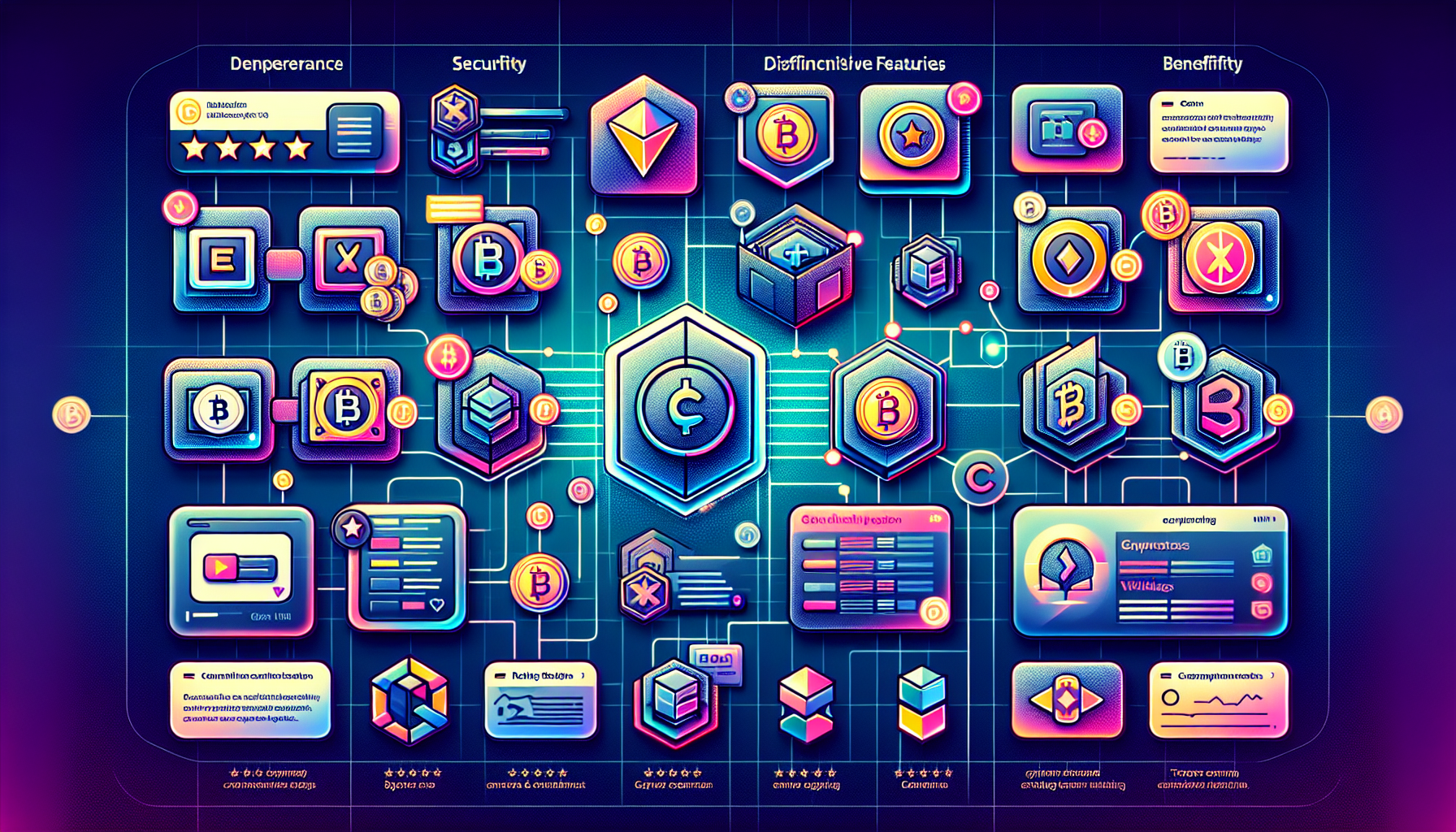 Create an image showcasing a collage of prominent and popular cryptocurrency exchange wallets. Each wallet is represented by its distinct logo and interface design, with visual annotations highlighting unique features and benefits. The background is a digital, futuristic grid, symbolizing the advanced technology behind these platforms. Include visual elements such as rating stars and user testimonials to emphasize user trust and satisfaction. Make sure the image conveys a sense of modernity, security, and accessibility, reflecting the dynamic and user-focused nature of these exchange wallets in the evolving cryptocurrency market.