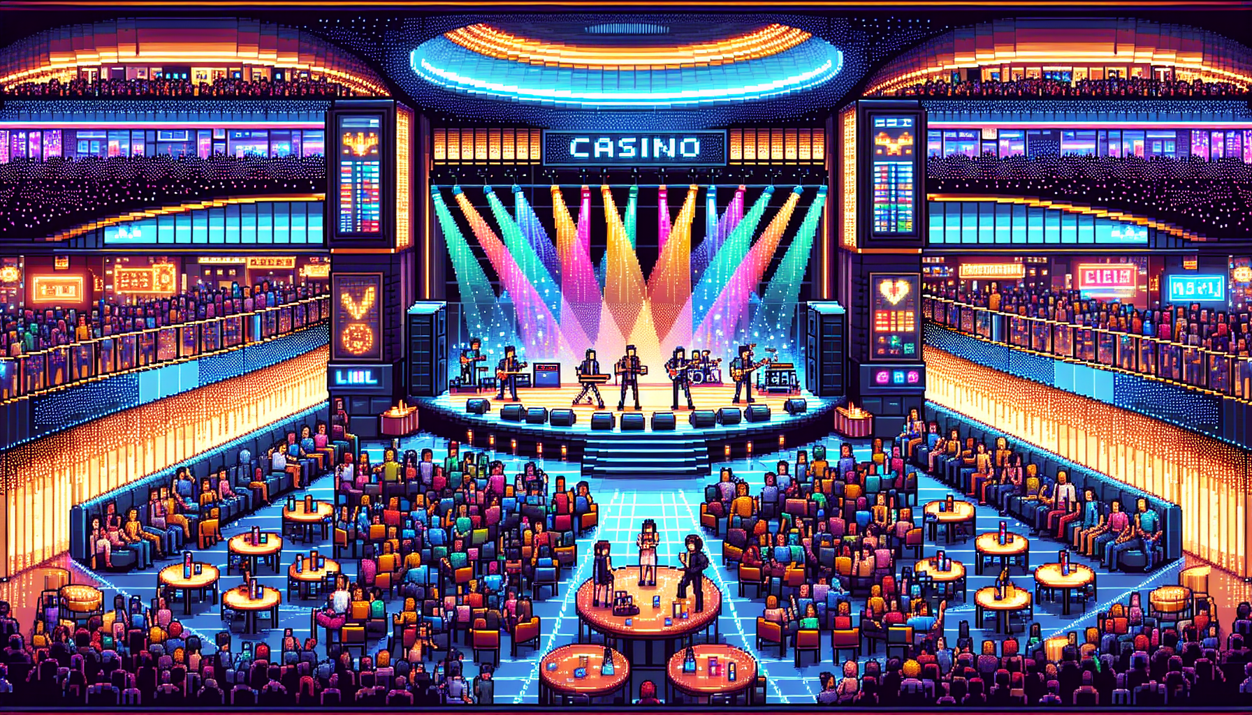 Create an image that showcases the vibrant nightlife and entertainment scene at Borgata Casino. The image should capture the dynamic atmosphere of a live concert with a diverse lineup of performers on stage, colorful lighting effects illuminating the energetic crowd, and sleek modern interiors of the casino. Include elements that hint at upcoming shows and events, like digital signage displaying a schedule of various live acts and concerts. This image should reflect Borgata Casino as a lively hub for entertainment seekers, emphasizing its role as a premier destination for exciting nightlife experiences.