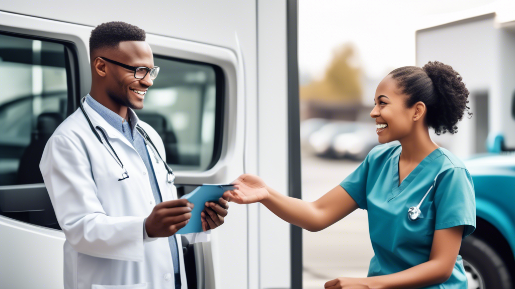 Create an image that depicts a welcoming and professional clinic environment with a friendly healthcare provider interacting with a commercial driver. The clinic should have clear signage showing CDL DOT Physical Exam - Only $60! prominently displayed. Include a pamphlet or poster listing affordable exam locations and tips for finding quality services. The mood should convey accessibility, affordability, and assurance of thorough medical evaluation, reinforcing the idea of cost-effective yet high-standard care.