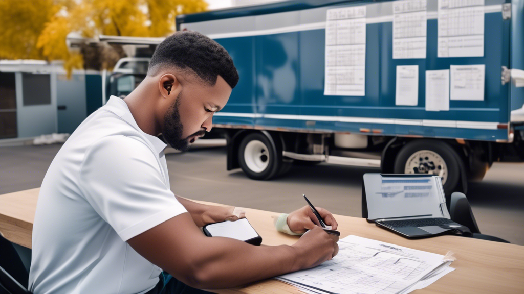 Create an image depicting a commercial driver preparing for a CDL DOT physical exam at an affordable clinic. The scene shows the driver checking his calendar app to schedule the exam while sitting at a desk with his truck keys, wallet, and medical documents neatly organized. On a bulletin board behind him, there are notes and reminders about what to bring for the exam and tips for passing it. The atmosphere is calm and informative, highlighting the importance of preparation and organization for the $60 CDL DOT physical exam.