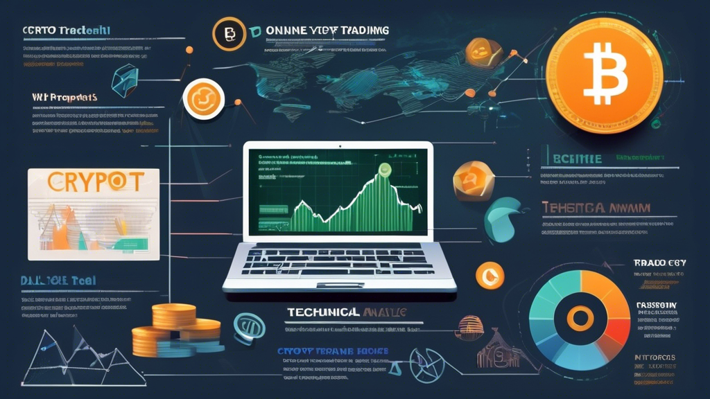 **DALL-E Prompt:** Create a visually engaging infographic that illustrates essential strategies for successful online crypto trading. Include elements such as a split section for fundamental and technical analysis, a graphic representation of risk management techniques, and icons or symbols representing trading goals. Incorporate resources like books, websites, or tools for ongoing education in the crypto trading space. Use a modern and energetic color palette to appeal to beginner traders, and ensure the overall design is clear and informative.