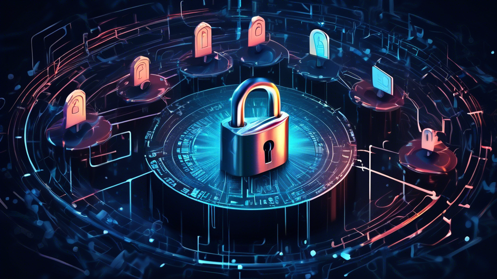 A digital artwork depicting a complex, abstract representation of cybersecurity and legality surrounding web unblockers. The image features a large digital lock in the center, symbolizing security, with faint binary code flowing around it to represent data. Surrounding the lock are shadowy figures of malware, with shadowy tendrils reaching out towards the lock. Nearby, a gavel and scales of justice are shown, symbolizing legal implications, with symbolic chains tightening around a globe to represent internet restrictions. The atmosphere conveys a sense of caution and the delicate balance between access and security in the digital world.