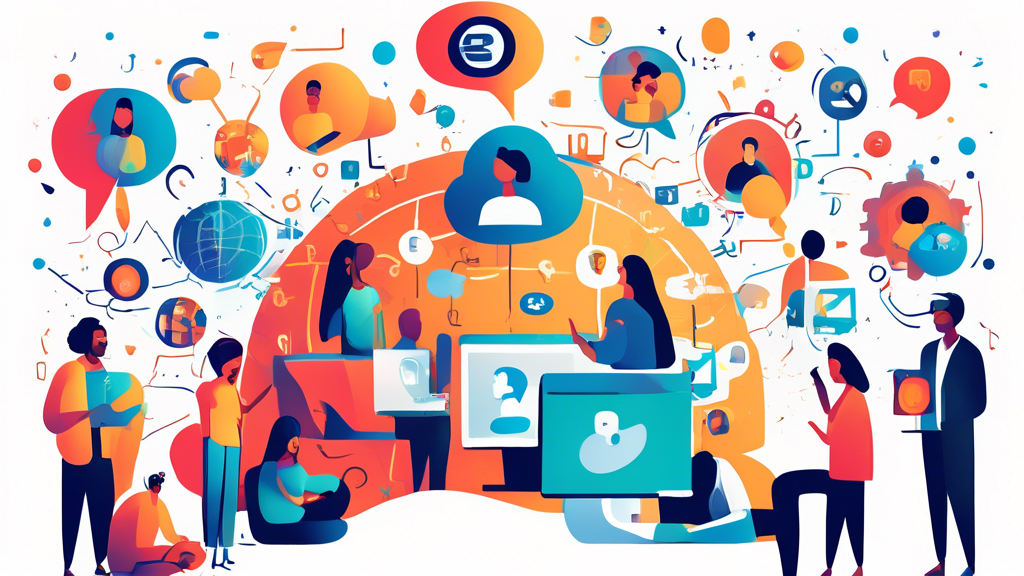 Create an image of a diverse group of people gathered around a computer, each with thought bubbles depicting different icons and symbols representing key features of web unblockers: a lock symbol for encryption, a globe for diverse server options, and stars for user reviews. The background should be filled with abstract designs illustrating various elements of the internet world, such as signals, data streams, and a map with highlighted regions. This scene should convey a sense of collaboration and focus on making an informed and secure choice when selecting a web unblocker, embodying the importance of personalized features and thorough research.