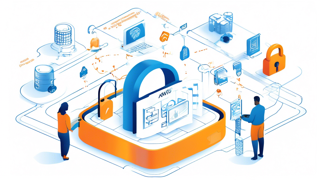 Create an illustration depicting best practices for securing AWS infrastructure. The scene should visually represent key elements such as a secure cloud environment with icons symbolizing Identity and Access Management (IAM), encryption techniques for data in motion and at rest, and a checklist for regular security audits and logging. The background should feature AWS cloud architecture with a focus on security, including padlocks symbolizing data protection and various security tools and protocols. Use a modern, tech-inspired color palette with blues and greens to convey a sense of security and innovation.