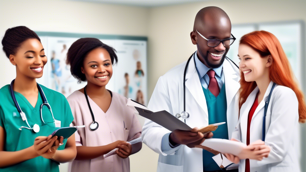 Create an image that depicts a bustling clinic scene with a friendly medical staff member explaining affordable options to a diverse group of people. The setting should emphasize cost-effective strategies with visual elements such as a Special Discounts sign, a health insurance card, and a promotional flyer. The background features a notice board with brochures labeled DOT Physical Exams and Tips to Save on Your Exam. The atmosphere conveys a sense of community and access to quality healthcare. Use various signs and symbols to naturally incorporate the phrase dot physical near me cost, highlighting localized, budget-friendly healthcare options.