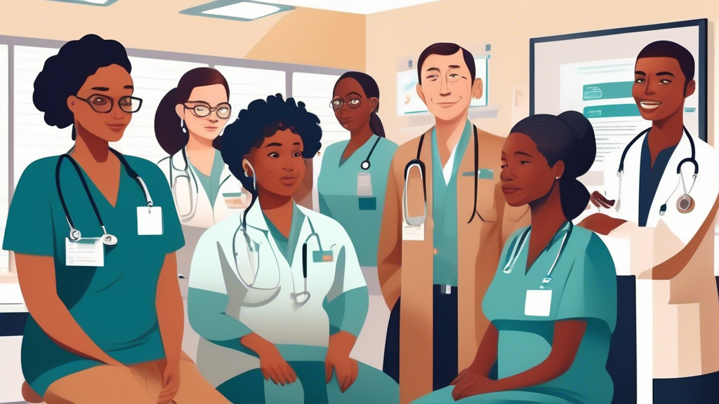 Create an image depicting a diverse group of commercial drivers at a clinic, awaiting their medical exam. Showcase a range of ages and backgrounds to emphasize inclusivity. In the background, include posters displaying regulatory requirements and frequency of exams, with details like age and medical conditions noted. The scene should convey a professional and informative atmosphere, with a nurse or medical staff explaining the process to one of the drivers. The environment should be warm and welcoming, reflecting the importance of ensuring health and safety in commercial driving through regular medical assessments.