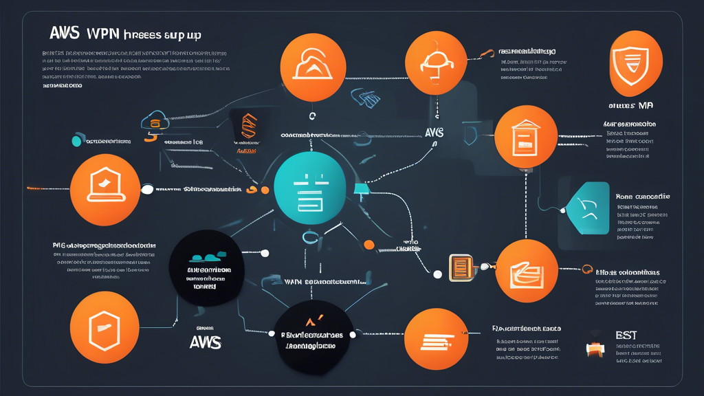 An educational infographic illustrating the step-by-step process for setting up AWS VPN, featuring a visually appealing flowchart. The chart includes sections for prerequisites, configuration steps for both Site-to-Site and Client VPN, and best practices for ensuring a secure connection. Use a modern design with AWS branding colors, clear icons for each step, and a tech-savvy background that conveys the concept of cybersecurity and cloud infrastructure.