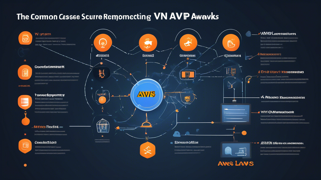 Create an informative and visually appealing infographic that illustrates the common use cases for AWS VPN, such as secure remote access, connecting on-premises networks to AWS, and hybrid cloud deployments. Include visual elements that depict troubleshooting common issues associated with AWS VPN connections, such as connection failures and latency problems, along with tips for optimizing performance. Use AWS branding elements and a tech-centric color palette to enhance the relevance to cloud computing.