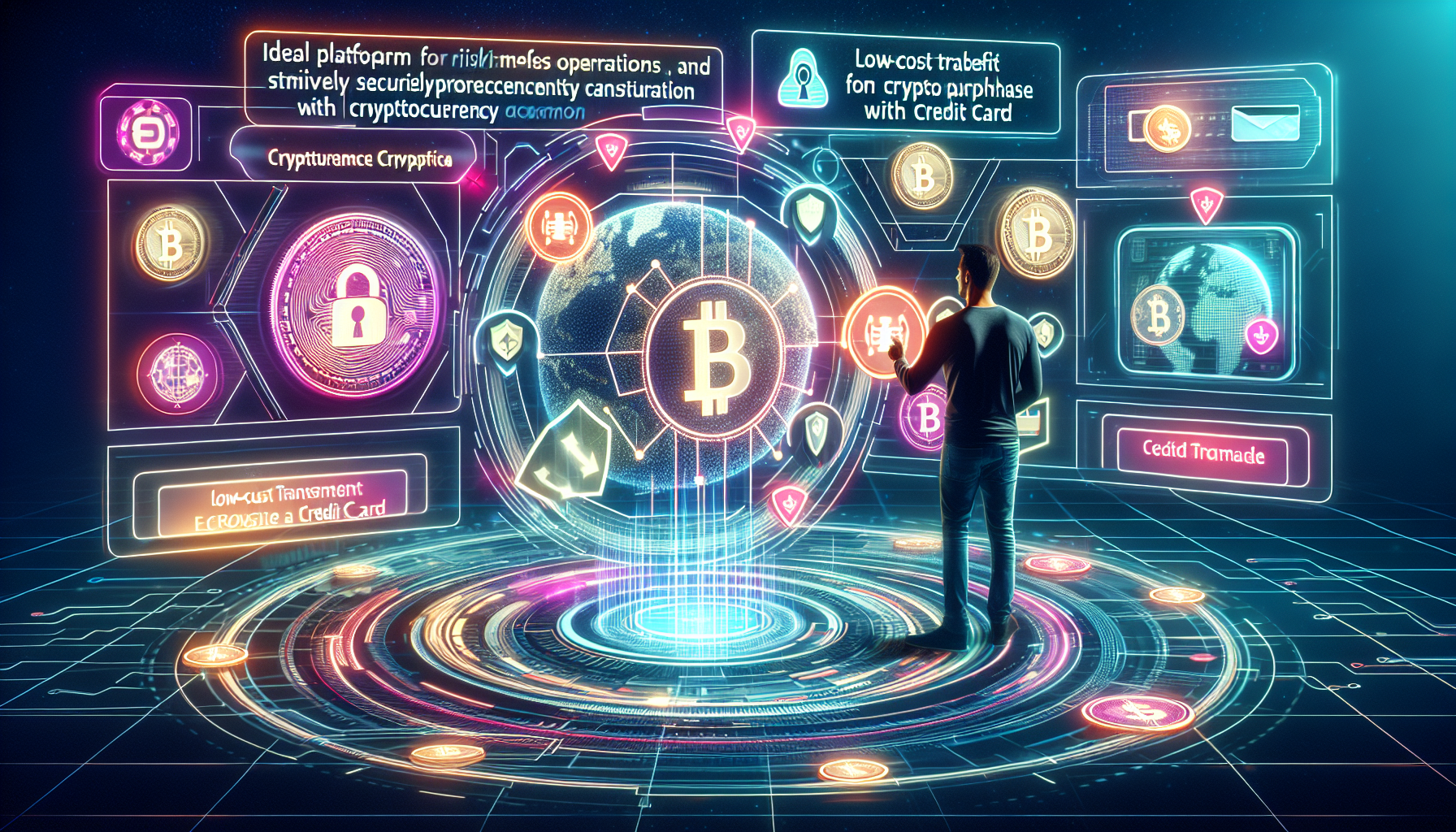 Create an image that illustrates a futuristic digital environment, where a person is safely conducting cryptocurrency transactions on a sleek, holographic interface using a credit card. The scene should emphasize tips for secure transactions and maximizing benefits, with visual elements such as shield icons for security, currency symbols hovering around, and highlighted features like fraud alerts and low transaction fees. The design should convey a sense of safety and technological advancement, capturing the essence of maximizing benefits while purchasing crypto securely with a credit card. Include subtle references to the keyword best site to buy crypto with credit card through visual word art integrated into the interface.