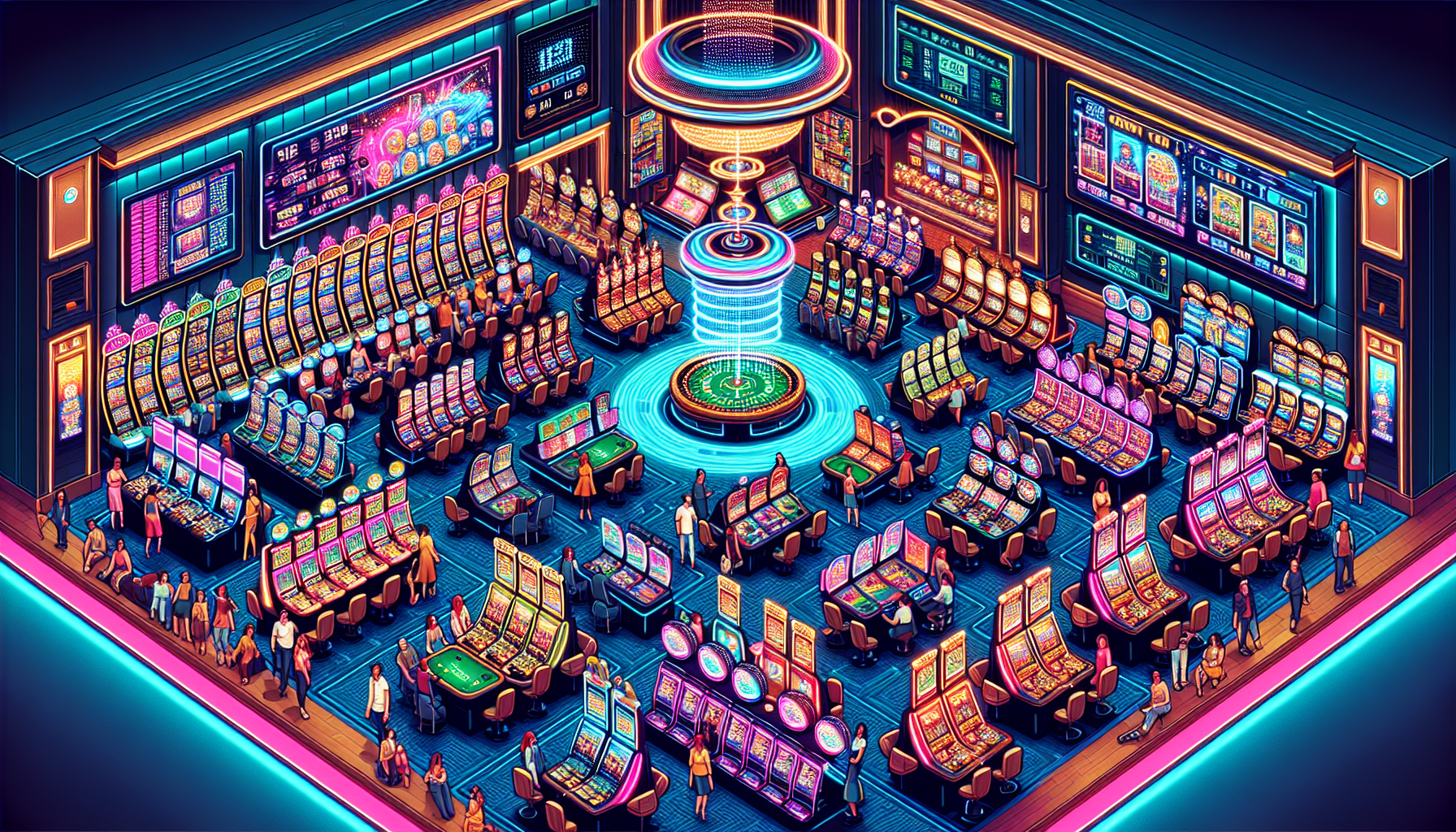 Create an image of a vibrant and bustling virtual casino floor at SkyVegas, showcasing an array of gaming options. Include vivid and colorful slot machines with eye-catching themes and graphics, alongside tables for popular games like blackjack and roulette, attended by lively, diverse avatars. Capture the essence of excitement and engagement with large screens displaying live casino options. Add exclusive, futuristic game corners that hint at the unique offerings of SkyVegas. Include dynamic features like digital billboards announcing the frequent updates and new game introductions, emphasizing an ever-evolving and engaging environment.