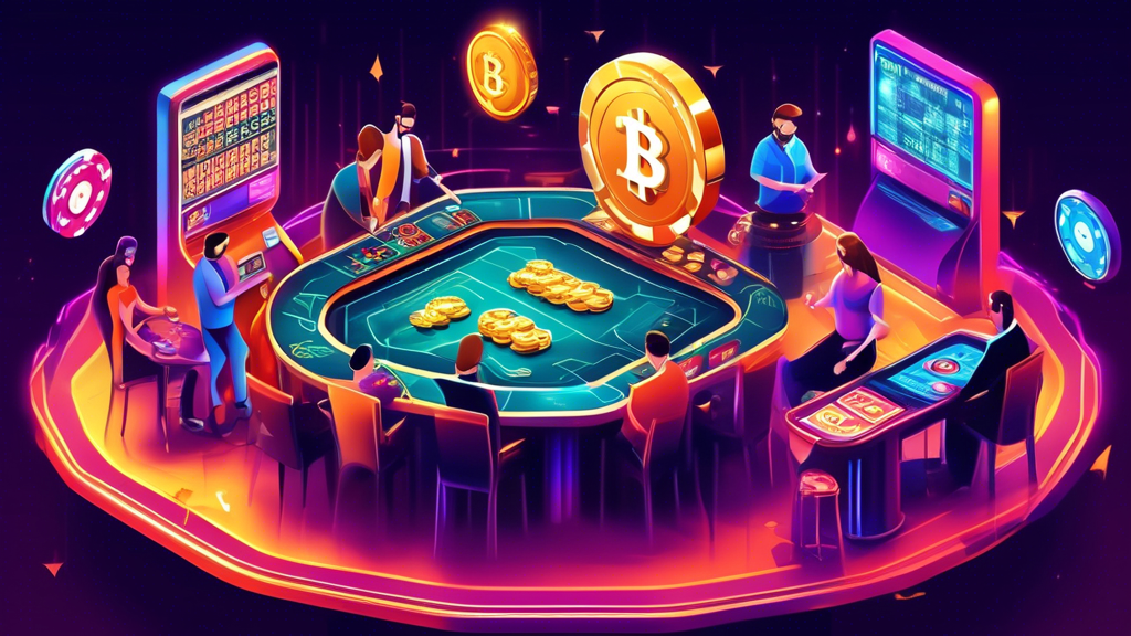 Create a visually engaging illustration that captures the benefits of playing at a Casino de Crypto Monnaie. The image should depict a vibrant online gaming environment, highlighting enhanced security and privacy measures, fast and low-cost transactions, and unique gaming experiences. Include elements like digital cryptocurrencies, such as Bitcoin and Ethereum, being used for gameplay, along with graphical representations of bonuses and promotions. The setting should feel modern and futuristic, blending traditional casino elements with digital aesthetics, emphasizing innovation in online gaming.