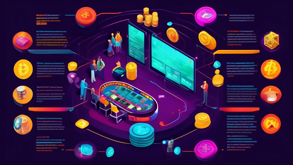 Create an informative infographic-style image that visually guides users through the process of getting started at a Casino de Crypto Monnaie. Include steps like choosing the right cryptocurrency exchange, creating an account, and funding it with cryptocurrency. Use vibrant colors and icons related to cryptocurrencies, online gaming, and responsible gaming tips. The overall look should convey a sense of modernity and innovation in online gaming.