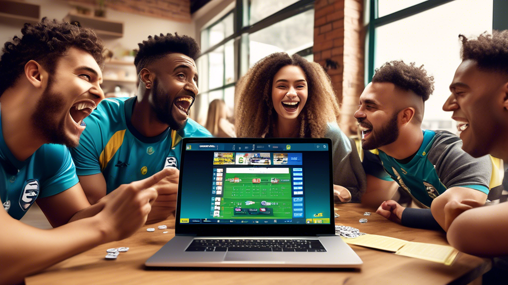 Create an illustration showing a group of friends gathered around a table, enthusiastically setting up a group betting account on a laptop for Sportsbet. The scene should capture the excitement of planning their bets, with sports memorabilia around them, such as jerseys and a football. Display Sportsbet