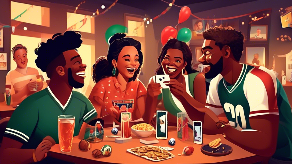 **DALL-E Prompt:** Create an illustration depicting a lively gathering of friends enjoying a themed betting night. The scene features a group of diverse friends around a table, with sports paraphernalia like jerseys and snacks, as they engage in friendly discussions and use a smartphone displaying the Sportsbet app. Include elements like fun decorations or a scoreboard that highlight the competitive yet enjoyable atmosphere. Emphasize a sense of camaraderie, responsible betting habits, and excitement in the details.