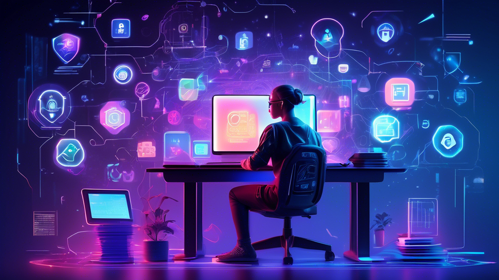 A futuristic digital illustration of a person sitting at a computer desk in dim lighting, surrounded by a holographic display showcasing various icons and symbols representing online safety, privacy, and access tools. The scene features browsers, alternative apps, and creative methods like using IP addresses or cached sites, symbolized by floating translucent URLs and IP numbers. The backdrop suggests a virtual realm with vivid neon colors, emphasizing the theme of tackling website blockages safely and securely. The artwork highlights an innovative blend of technology and human interaction, inspired by opening any website blocked.