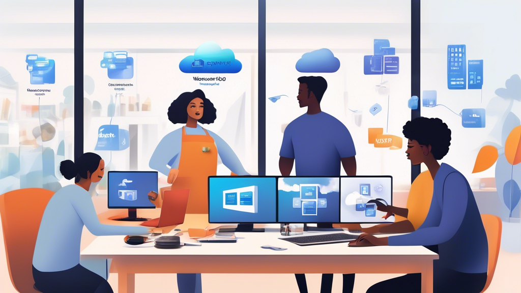 Create an image that visually represents the benefits of Windows 365 Cloud PC for businesses and users. The scene should include a diverse group of professionals working on laptops and tablets in various locations, such as a cozy home office, a bustling café, and a collaborative workspace. Each person should be shown accessing the Windows 365 Cloud PC interface, highlighting features like scalability and flexibility. Include symbols of enhanced security, such as padlocks and cloud icons, alongside visuals that suggest accessibility and convenience, like clocks showing different time zones. The overall atmosphere should convey a modern, tech-savvy approach to working in the cloud.