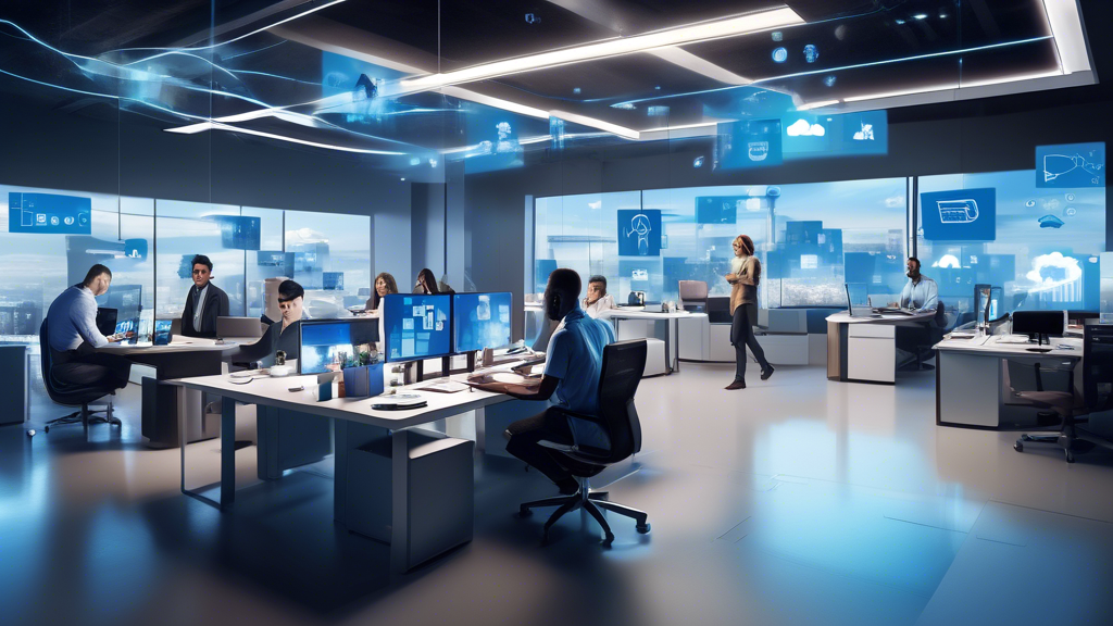 Create an image showcasing a futuristic office environment where employees are using Windows 365 Cloud PC technology. Depict a diverse group of professionals working on sleek digital devices, seamlessly integrating their tasks with various Microsoft services in a modern, collaborative workspace. Include visual elements that represent cloud technology, such as floating cloud icons, data analytics, and remote connectivity. The overall atmosphere should convey innovation, efficiency, and the evolution of remote work in the tech age.